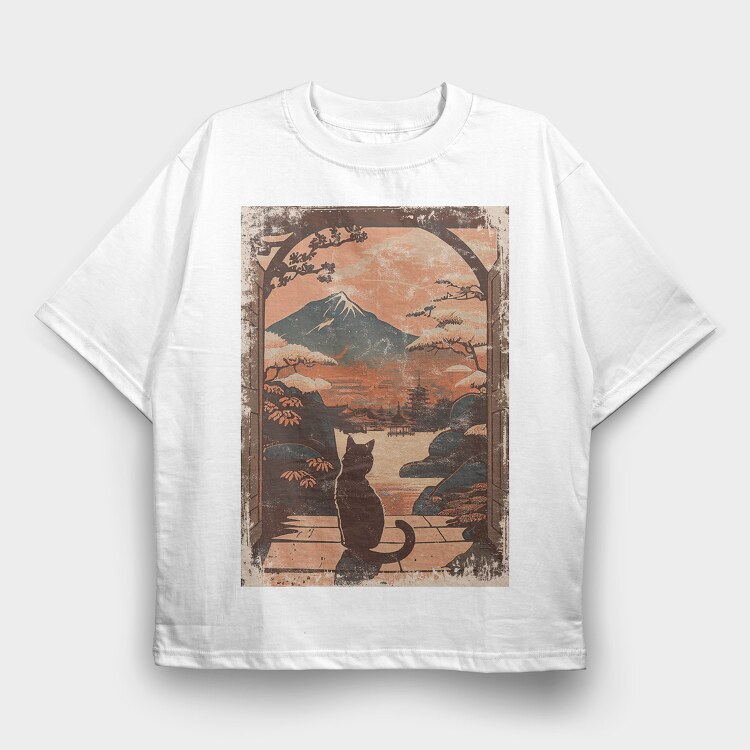 Cat Sitting Traditional Japanese, Tricou Oversize Barbati (Unisex)
