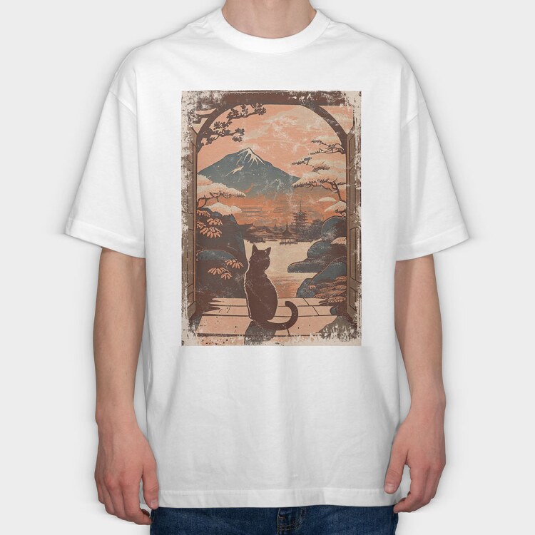 Cat Sitting Traditional Japanese, Tricou Oversize Barbati (Unisex)