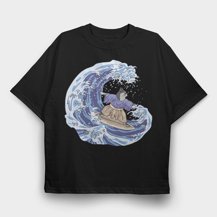 Cat Surfing Japanese Wave, Tricou Oversize Barbati (Unisex)