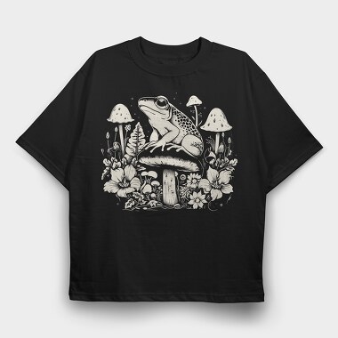 Monochrome Frog on Mushroom, Tricou Oversize Barbati (Unisex)