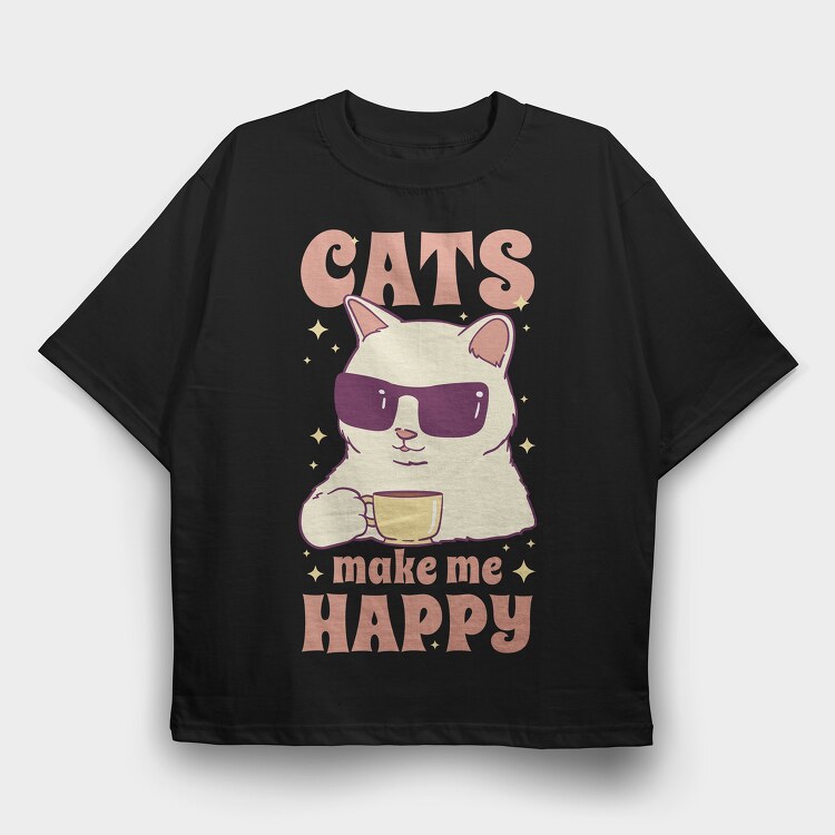 Cats Make Me Happy Coffee, Tricou Oversize Barbati (Unisex)