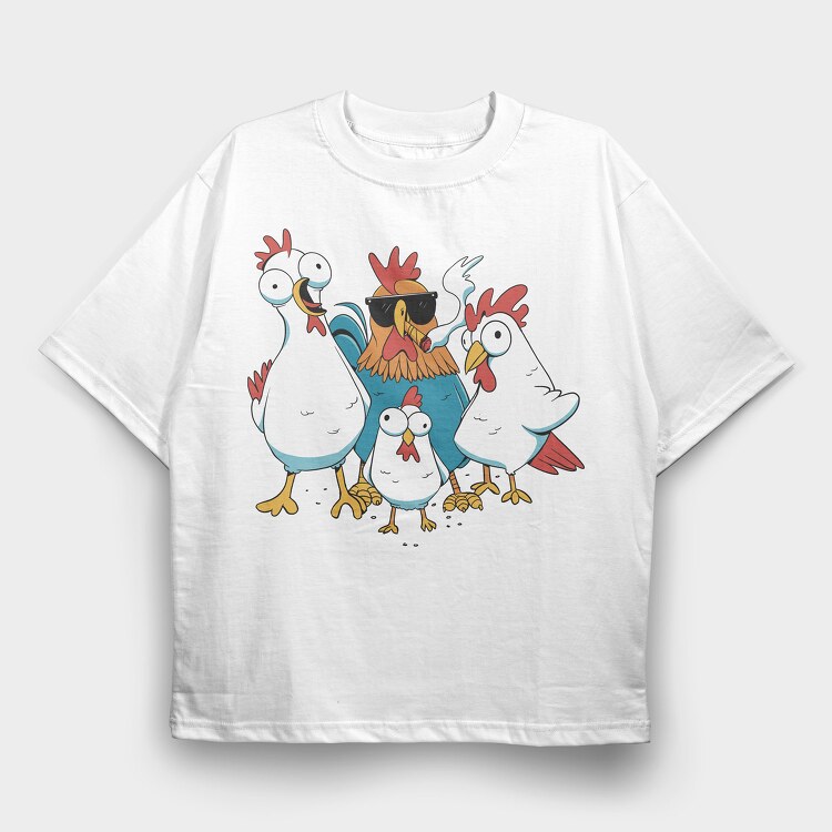 Rooster Cartoon Chickens, Tricou Oversize Barbati (Unisex)