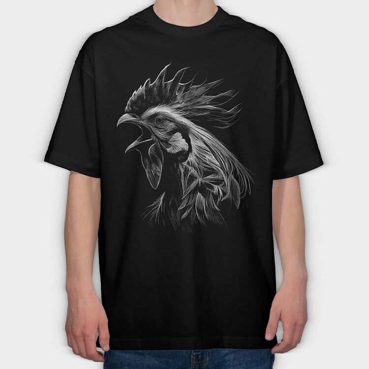 Rooster Head Monochrome, Tricou Oversize Barbati (Unisex)