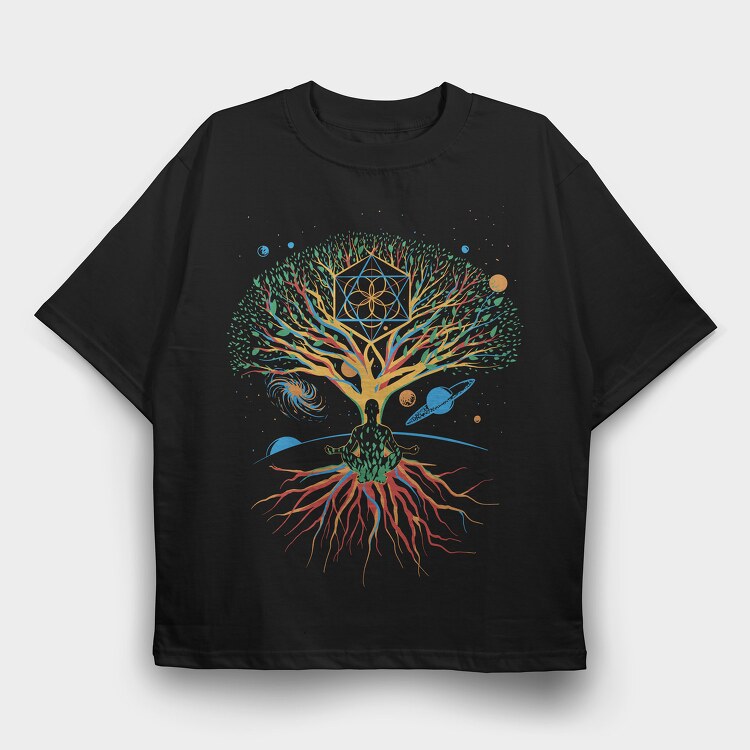 Sacred Geometry Meditating Colorful Magical Tree, Tricou Oversize Barbati (Unisex)