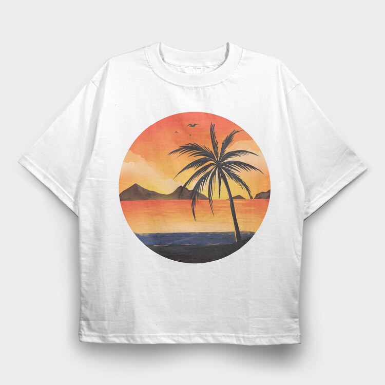 Beach Sunset Palm, Tricou Oversize Barbati (Unisex)