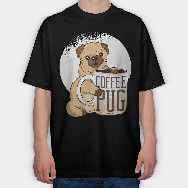 Coffee Pug Mug, Tricou Oversize Barbati (Unisex)