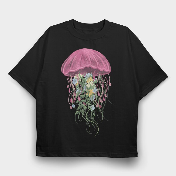 Jellyfish and Flowers, Tricou Oversize Barbati (Unisex)