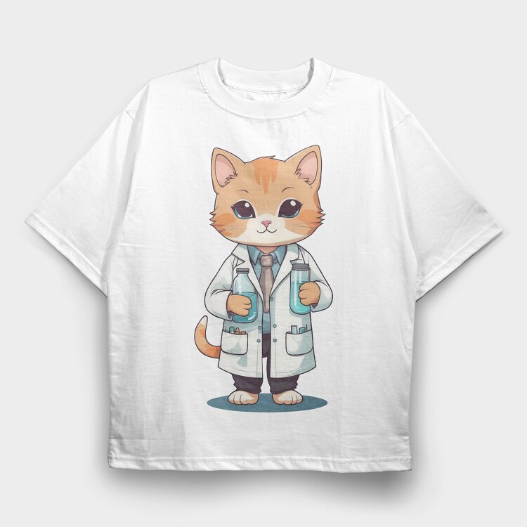 Scientist Cat, Tricou Oversize Barbati (Unisex)