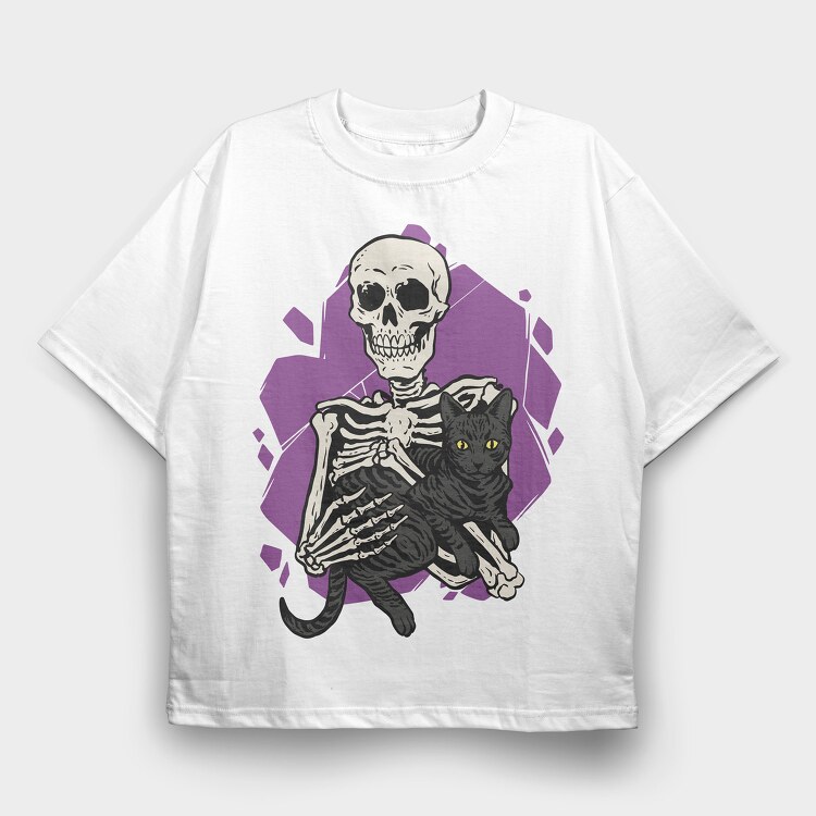 Skeleton Cuddling With a Black Cat, Tricou Oversize Barbati (Unisex)