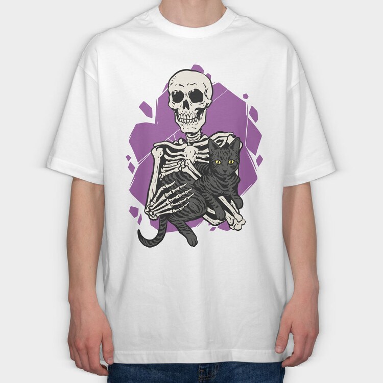 Skeleton Cuddling With a Black Cat, Tricou Oversize Barbati (Unisex)