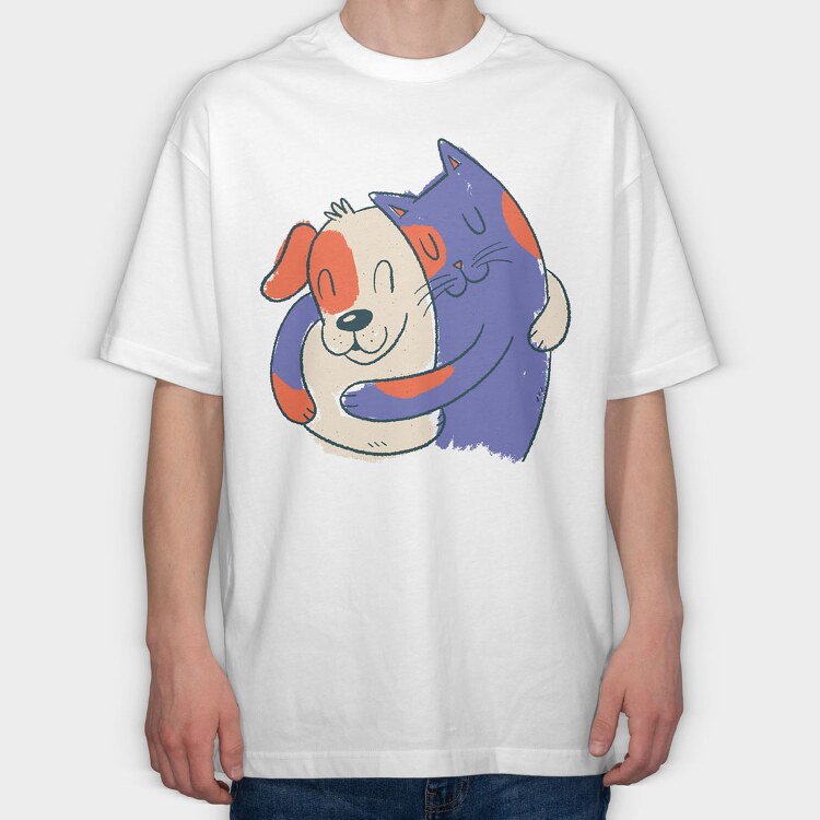 Blue Cat and Dog Hugging, Tricou Oversize Barbati (Unisex)