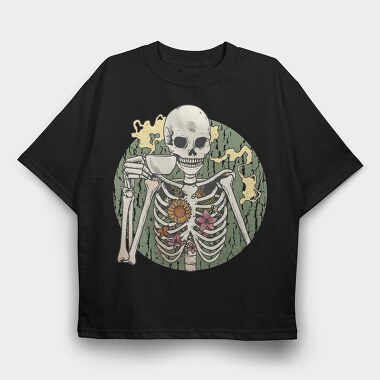 Skeleton With Coffee, Tricou Oversize Barbati (Unisex)