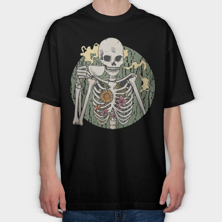 Skeleton With Coffee, Tricou Oversize Barbati (Unisex)