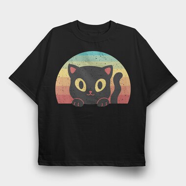 Peeking Cat Retro Sunset, Tricou Oversize Barbati (Unisex)