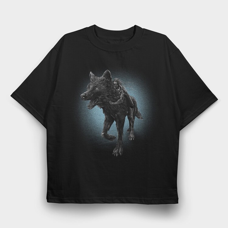 Girl Riding Wolf, Tricou Oversize Barbati (Unisex)