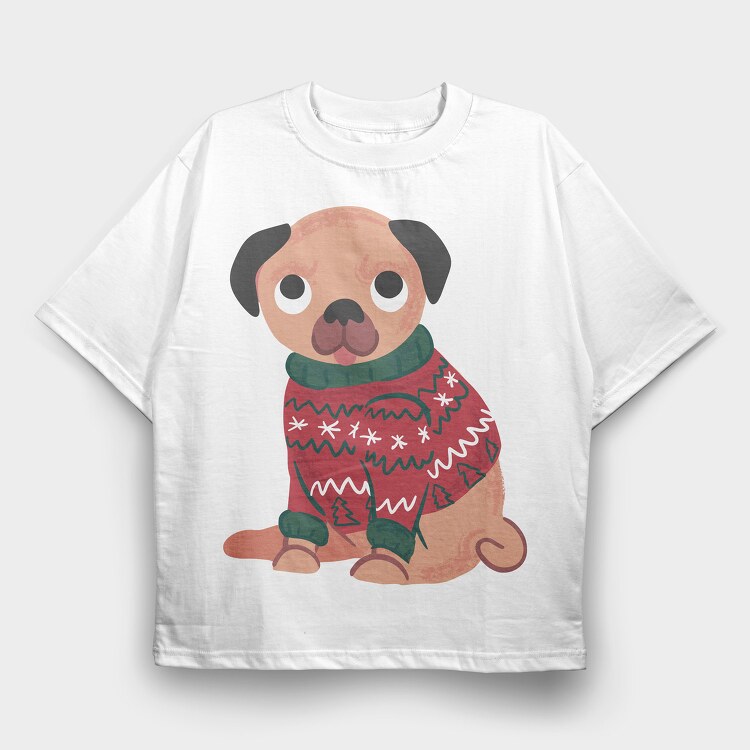 Pug Dog Wearing Uglysweater, Tricou Oversize Barbati (Unisex)