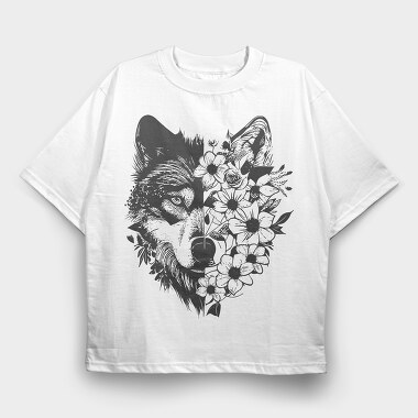 Wolf With Flowers, Tricou Oversize Barbati (Unisex)