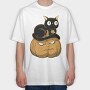Pumpkin and Cute Black Cat, Tricou Oversize Barbati (Unisex)