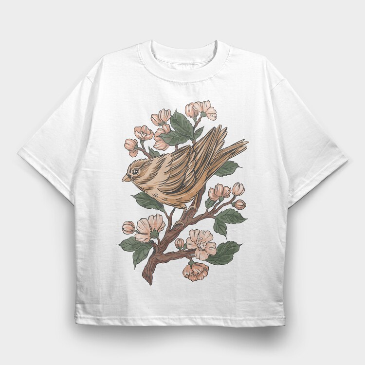 Sparrow Cherry Blossom, Tricou Oversize Barbati (Unisex)