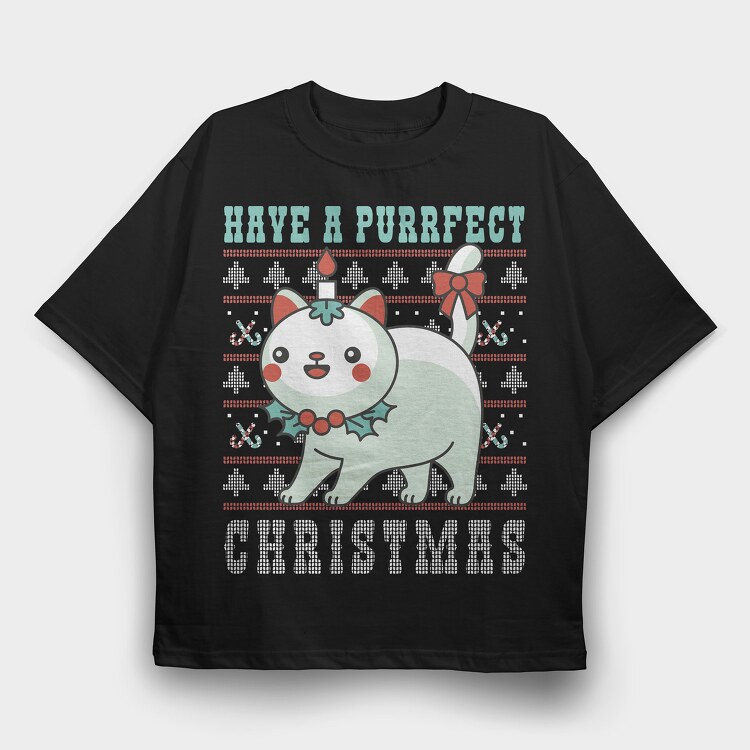 Purrfect Christmas Ugly Sweater, Tricou Oversize Barbati (Unisex)