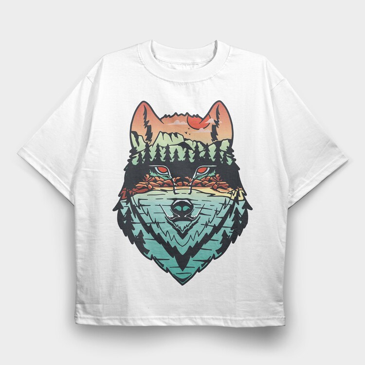 Hand Draw Landscape Wolf, Tricou Oversize Barbati (Unisex)
