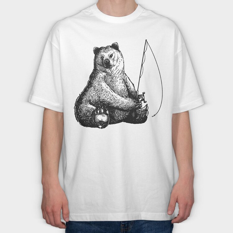 Hand Drawn Bear Fishing, Tricou Oversize Barbati (Unisex)