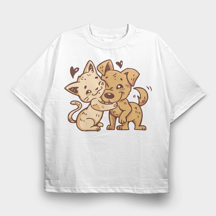 Cat Dog Hug, Tricou Oversize Barbati (Unisex)