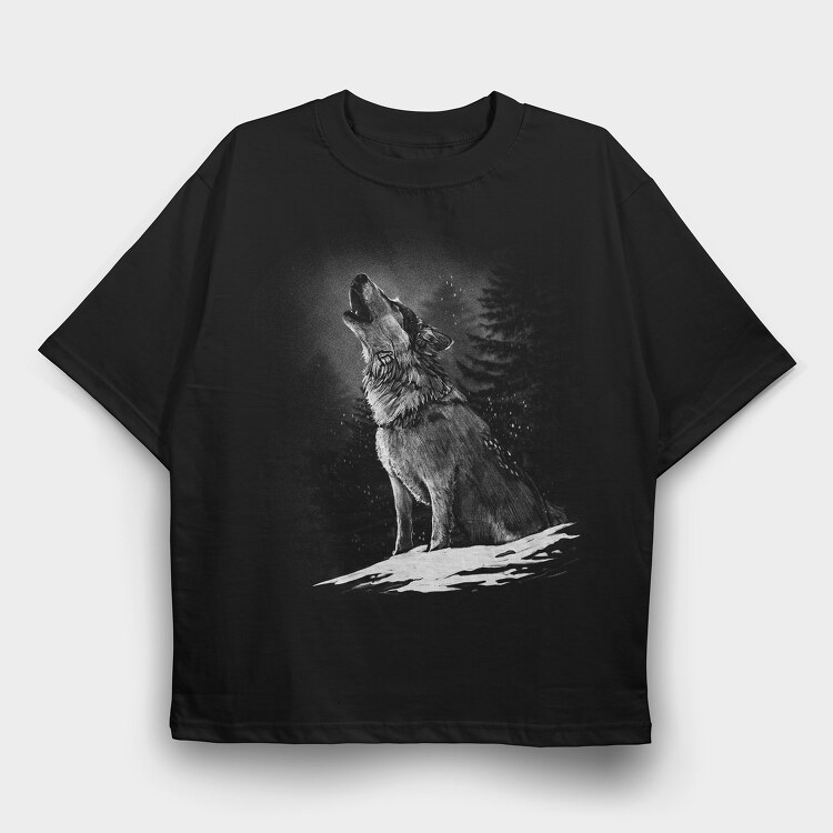 Realistic Wolf Monocrhome Howl, Tricou Oversize Barbati (Unisex)