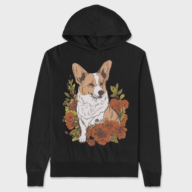 Corgi Dog Red Flowers, Hanorac Oversize Barbati (Unisex)